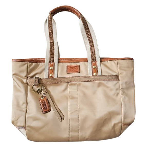 Y2k Coach Hampton Vintage Nylon Tan and Cream Women's Tote Bag - Picture 1 of 10